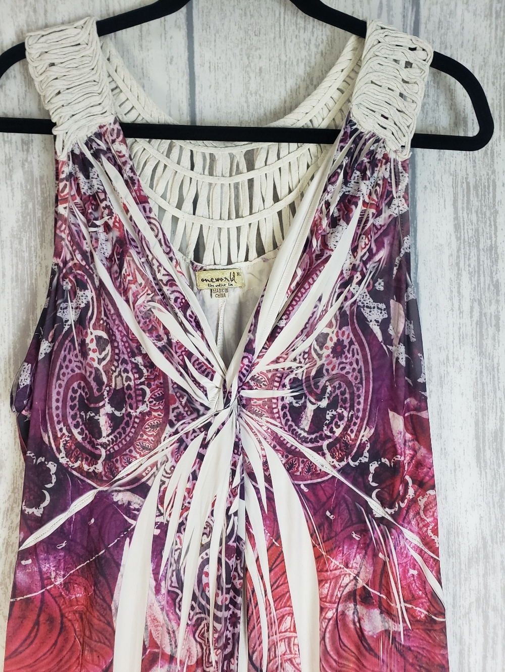 ONE WORLD Pink & Purple Sublimation Maxi Dress Crochet Straps Stretchy XL 1i - Picture 3 of 9